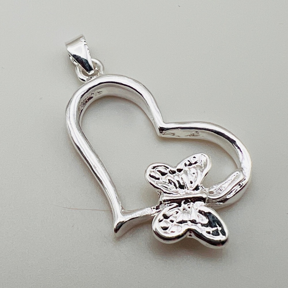 Butterfly Heart Pendant Charm Open Frame High Shine Silver Tone Finish